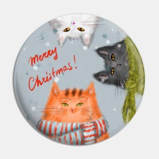 Merry Christmas greeting winter card with cute fluffy cats in red Santa hats and scarves. Pin