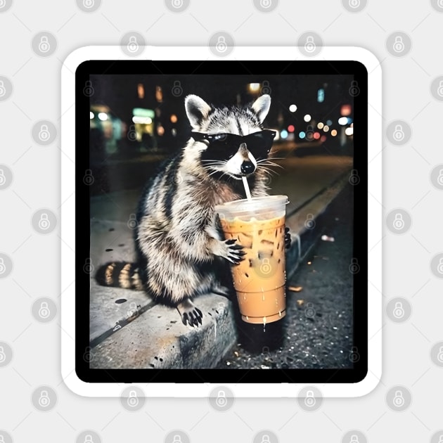 Raccoon-Drinking-Iced-Coffee Magnet by dtr_art