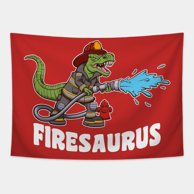 Firesaurus Dinosaur Firefighter Cartoon Tapestry by TheMaskedTooner