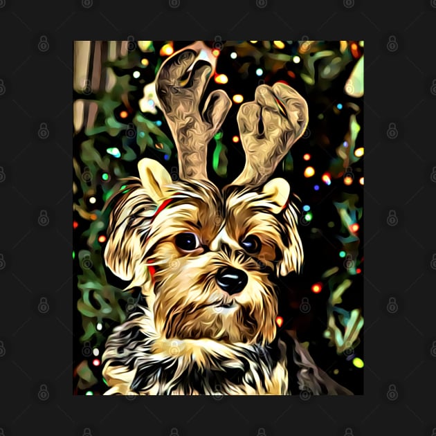 Christmas Yorkshire Terrier with Reindeer Antlers by AdrianaHolmesArt