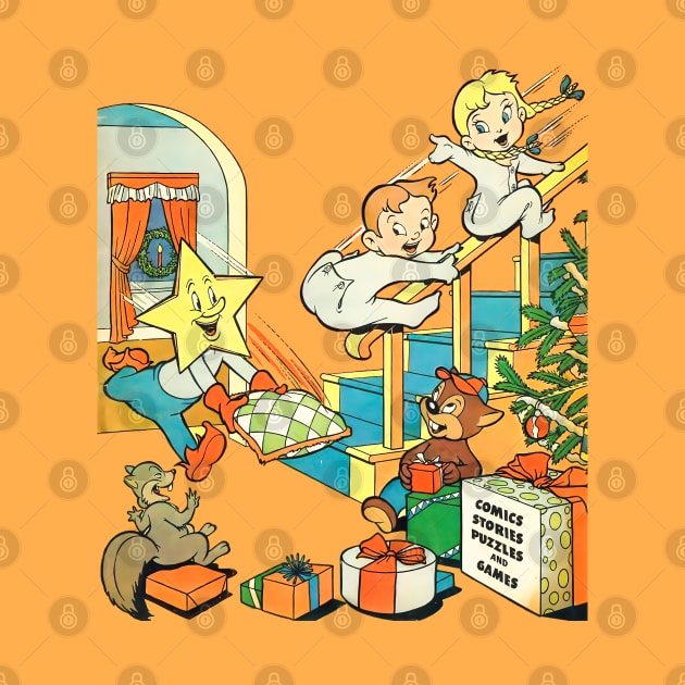 Happy children going down the stairs on Christmas morning to see the gifts that Santa Claus left under the pine tree Comic Retro Vintage by REVISTANGO