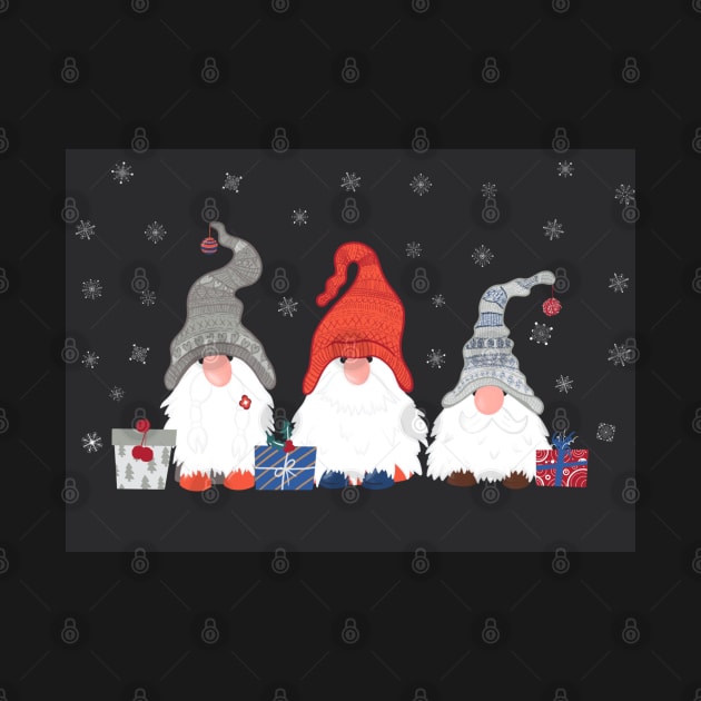 Three Christmas Gnomes with Snowflakes and Presents on Dark Grey Background by NattyDesigns