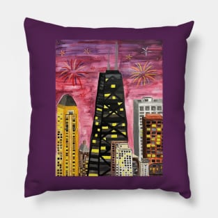 Chicago Night Skyline with Fireworks Painting Pillow