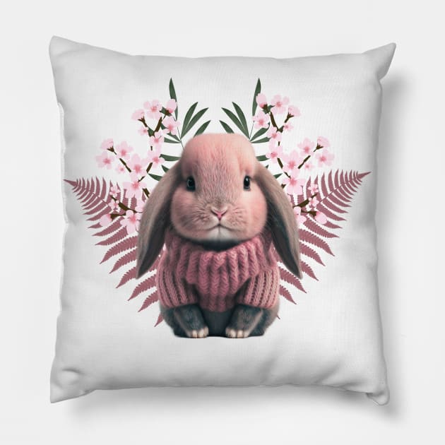 Adorable baby rabbit in pink wool sweater - beautiful flowers and leaves Pillow by Artfully Yours