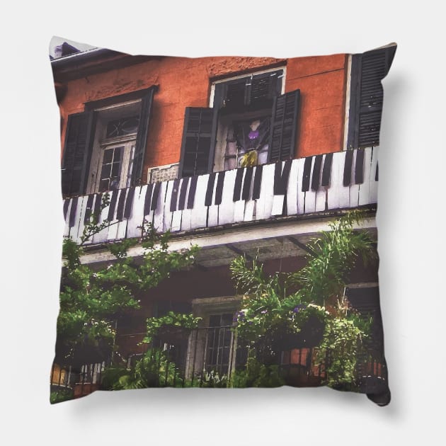 New Orleans French Quarter Black and White Piano Nola Music Home with Green Botanical Garden and Red Iconic Architecture in Southern Louisiana Pillow by Little Shop of Nola