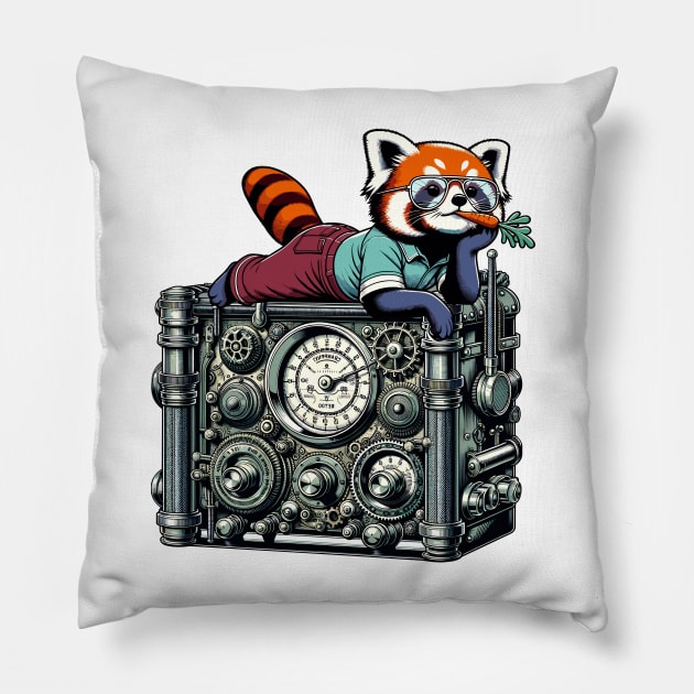 Red Panda Relaxing on Vintage Radio - Unique Digital Art Pillow by TimeWarpWildlife