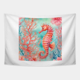 Seahorse and red corals watercolor painting Tapestry