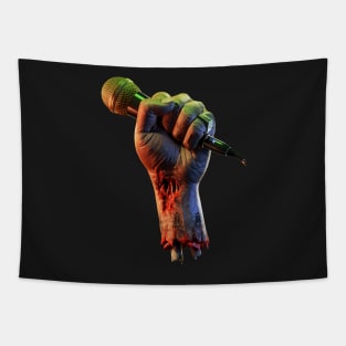 From our dead hands. Zombie fist with microphone Tapestry