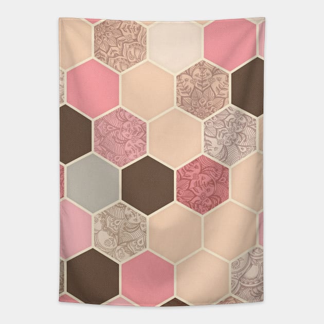 Caramel, Cocoa, Strawberry & Cream Hexagon & Doodle Pattern Tapestry by micklyn