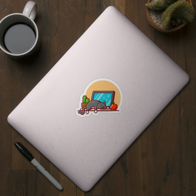 Cute Cat Sleeping On Laptop With Apple And Cactus Cartoon Vector Icon Illustration - Kitten - Sticker