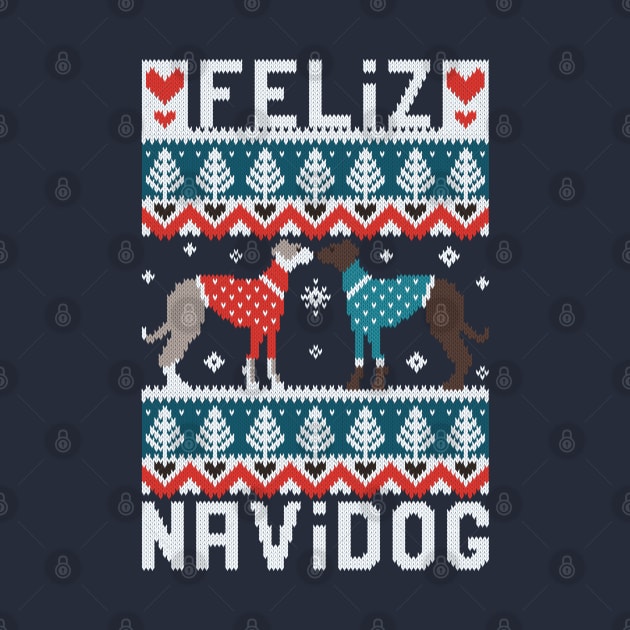 Feliz Navidog witty wordplay fair isle greyhounds // spot // teal and navy background cute dogs dressed with teal and red knitted Christmas ugly sweaters pixel art by SelmaCardoso