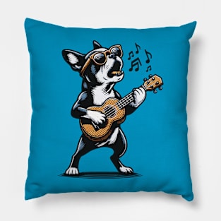 Dog Playing Guitar Singing Boston Terrier Funny Pillow