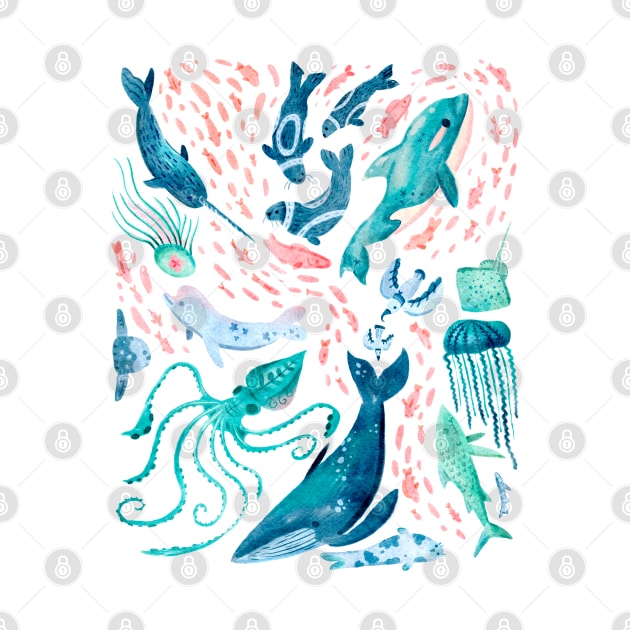 Watercolor Arctic Mammals and Fish by narwhalwall