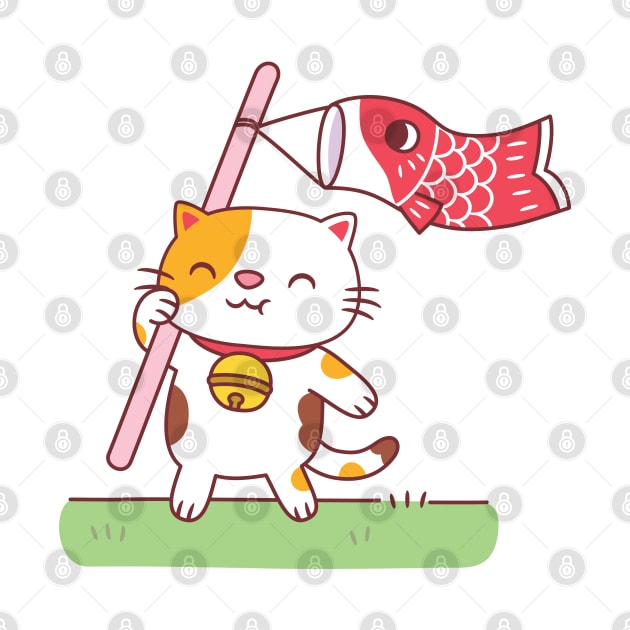 Cute Neko Cat with Koinobori Carp Streamer by rustydoodle