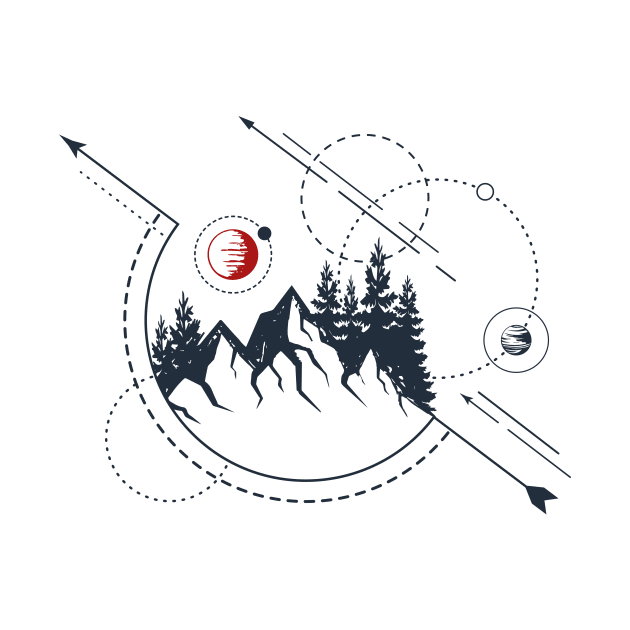 Abstract Forest Mountains, Red Moon, Black Design by ArtStellar