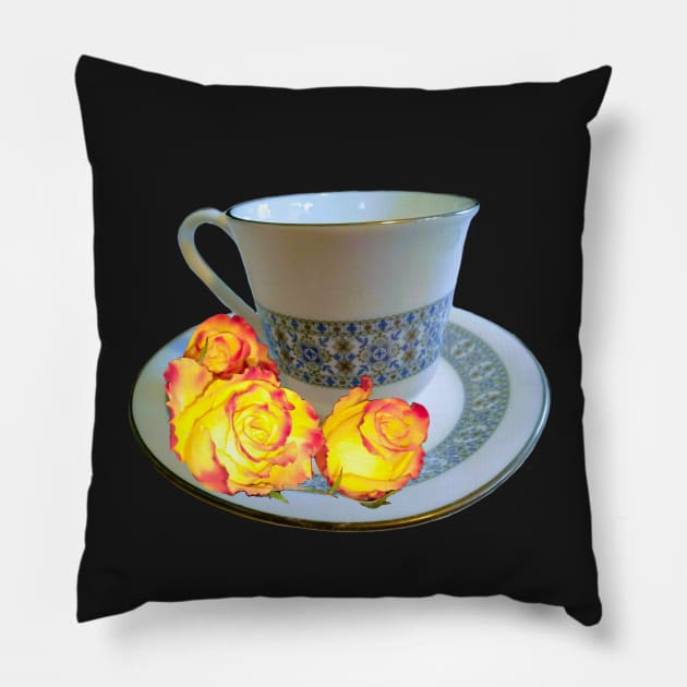 Fancy a cup of tea ? - saying with teacup, saucer and yellow roses with red tips Pillow by Artonmytee