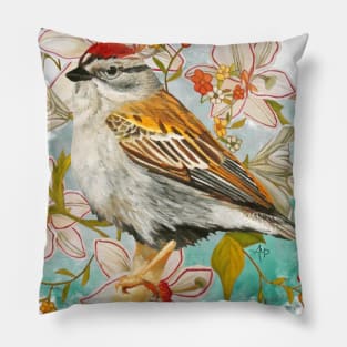 Chipping Sparrow And Flowers Pillow