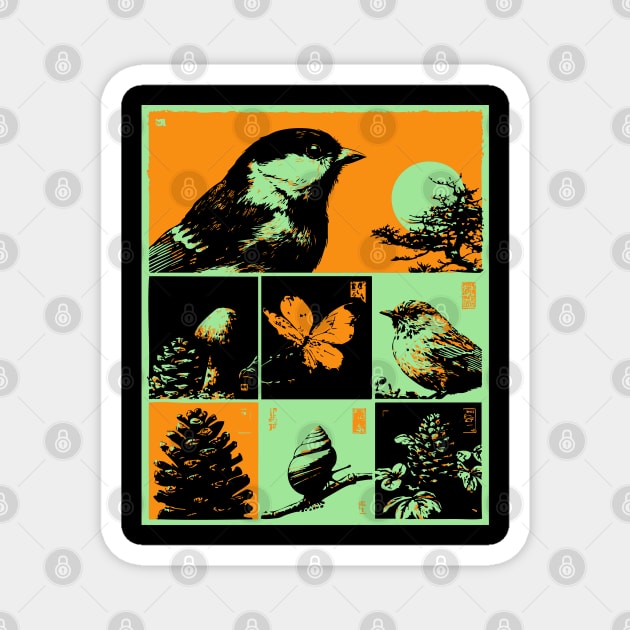 Japanese Nature Study - Ukiyo-e Bird and Frog Art Magnet by TuncGK