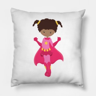 Superhero Girl, African American Girl, Pink Cape Pillow