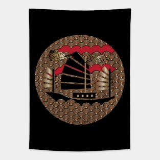 Japanese Waves Crest Copper Design Tapestry