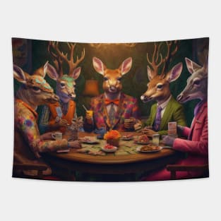 Elegant Grazing: Deer in Suits Enjoying a Sophisticated Luncheon Tapestry