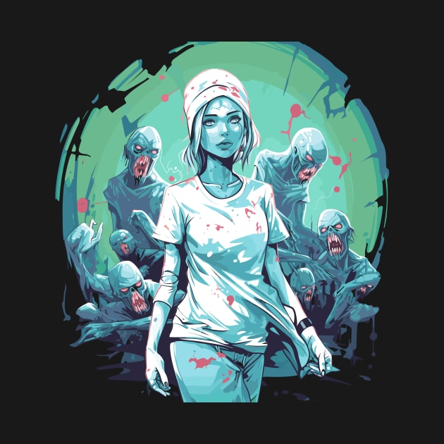 Exhausted Nurse Like a Zombie Amid Halloween Sinister Spirits by InkInspire