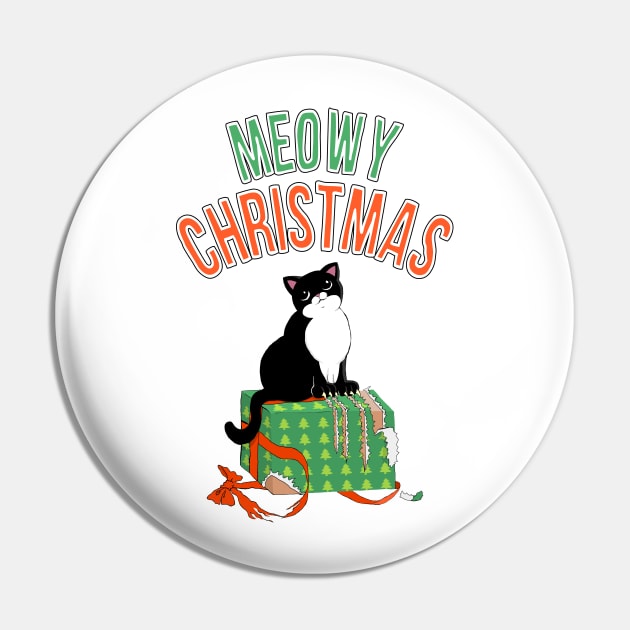 Meowy Christmas Tuxedo Cat Clawed Present xmas gift Pin by xenotransplant