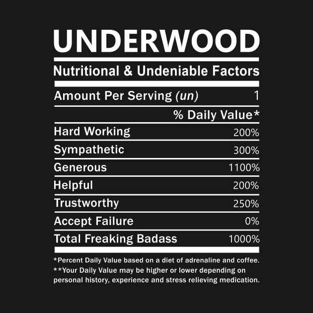 Underwood Name T Shirt - Underwood Nutritional and Undeniable Name Factors Gift Item Tee by nikitak4um