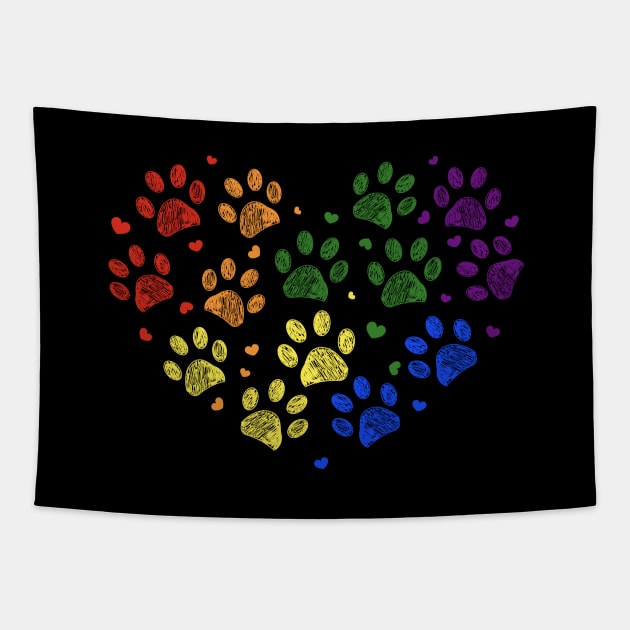 Rainbow colored paw prints with hearts Tapestry by GULSENGUNEL