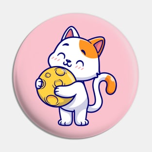 Cute Cat Holding Moon Cartoon Pin