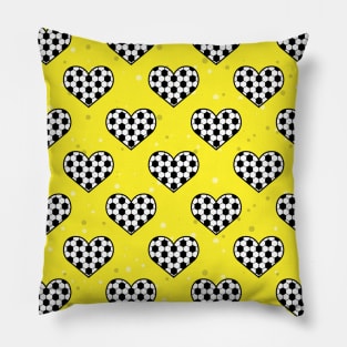 Football / Soccer Ball Texture In Heart Shape - Seamless Pattern on Yellow Background Pillow