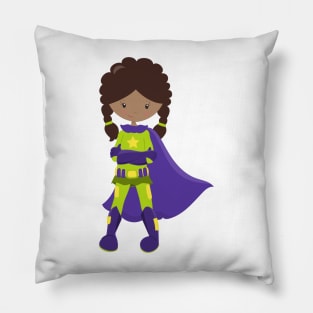 African American Girl, Superhero Girl, Purple Cape Pillow