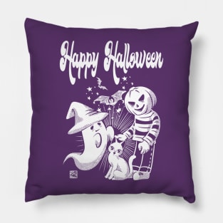 Black cat, pumpkin man, and ghost Pillow