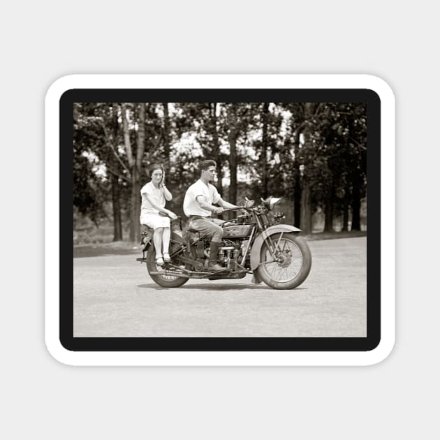 Couple Riding Motorcyle, 1928. Vintage Photo Magnet by historyphoto