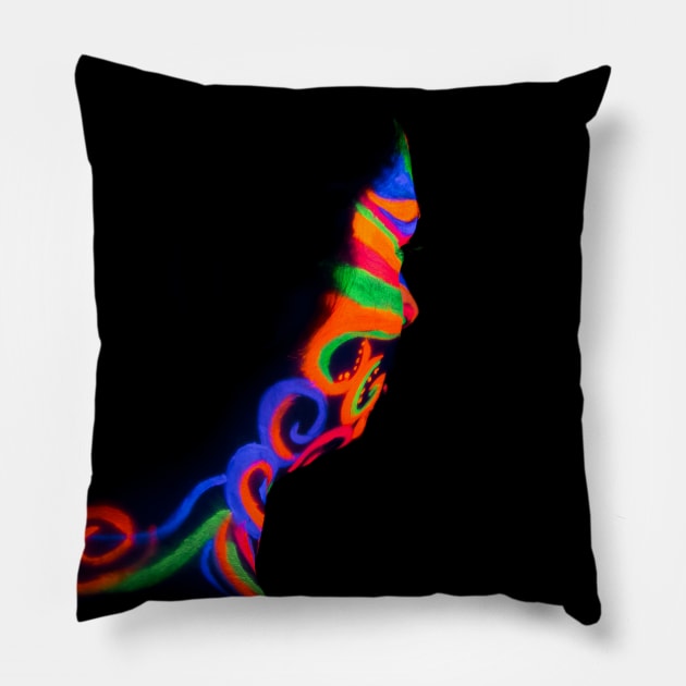 Woman with make up art of glowing UV fluorescent powder Pillow by wavemovies