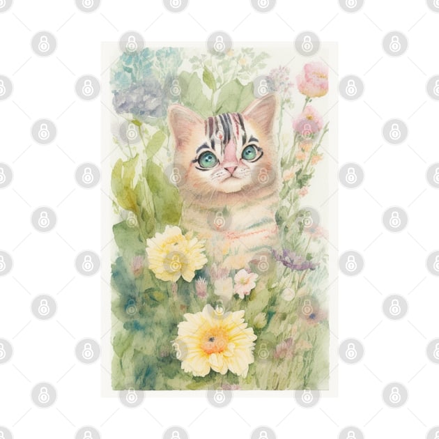 Striped Cat in the Flower Garden Soft Pastel Colors by Stades