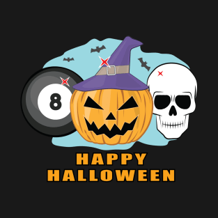 Happy Billiard Halloween - Spooky Skull and Pumpkin T-Shirt