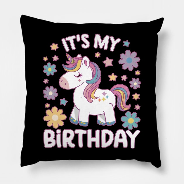 it's my birthday cute kawaii unicorn groovy flowers design for kids girl Pillow by NIKA13