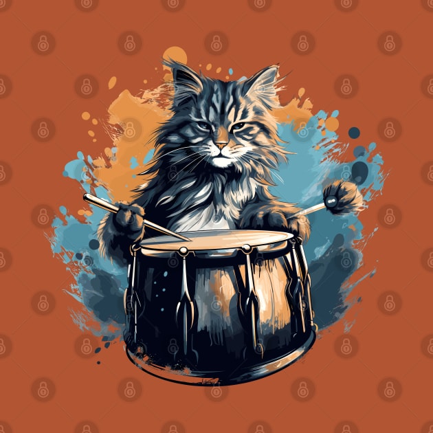 Maine Coon Cat Playing Drums by Graceful Designs