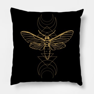 Golden Moth with Crescent Moons and Geometric Patterns Pillow