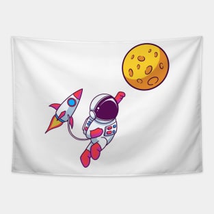 Astronaut Flying Rocket To The Moon Tapestry