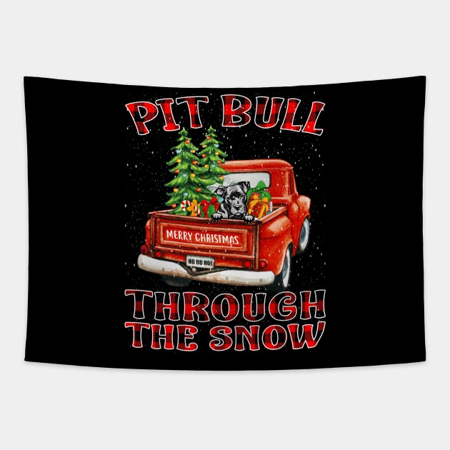 Christmas Pit Bull Through The Snow Dog Santa Truck Tree Tapestry by intelus