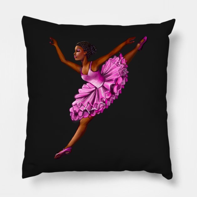 Black ballerina with corn rows ballet dancing ! beautiful  black girl with Afro hair and dark brown skin wearing a pink tutu.Hair love ! Pillow by Artonmytee