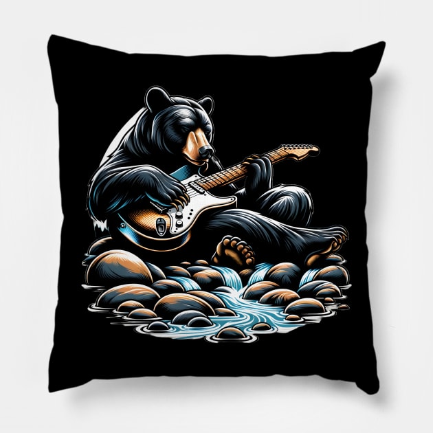 Black Bear Playing Electric Guitar Pillow by Merchweaver