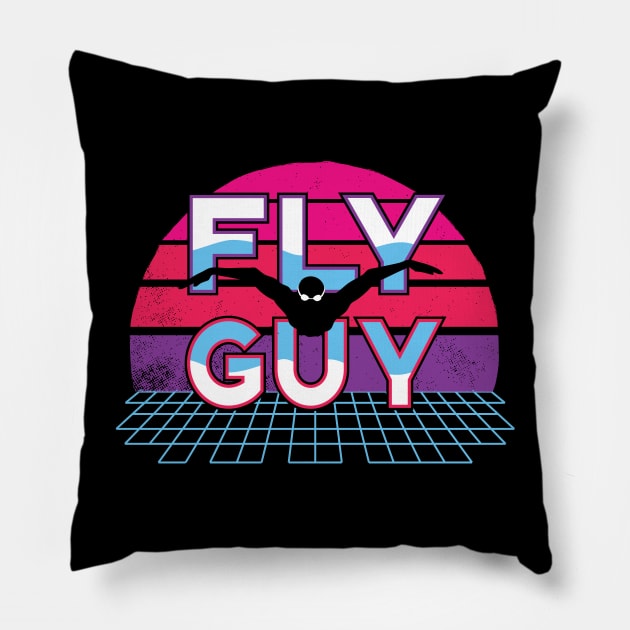 80s Fly Guy Butterfly Swimmer 2 Retro Swim Team Pillow by atomguy