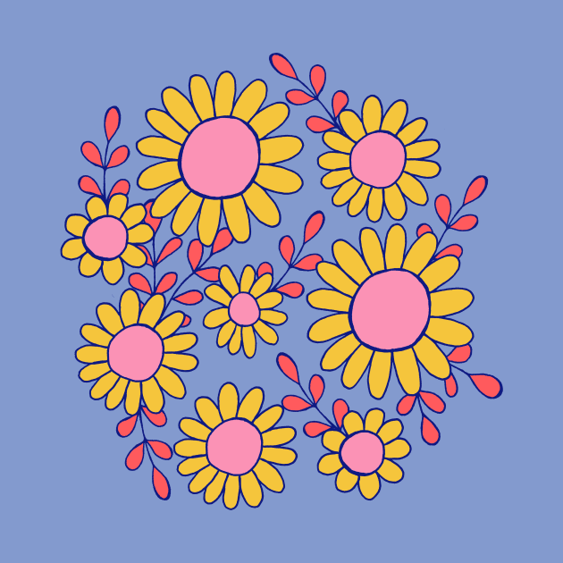 Retro 70s daisy flowers botanical design in blue, pink and yellow by Natalisa