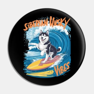 A smart, cute, and funny Siberian Husky dog riding a surfboard on top of a huge wave at a tropical island. Pin