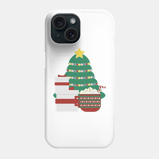 Decorated Christmas tree, White Red gifts box and large Red Green mug with hot cocoa, whipped cream, marshmallow and striped candy cane on White background Phone Case by sigdesign