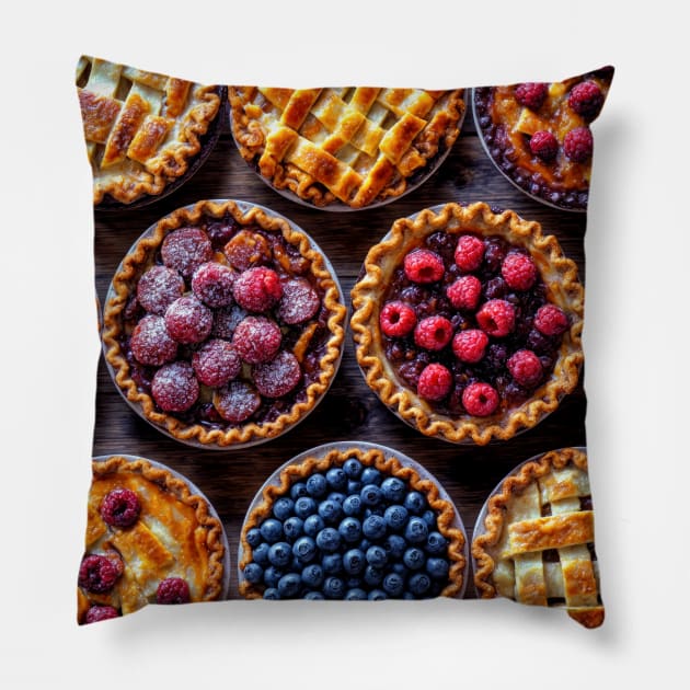 Variety of Fruit Pies on a Wood Background - Still Life Pillow by jecphotography