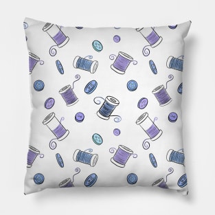 Sewing Blue Cotton Reels and Buttons Pillow